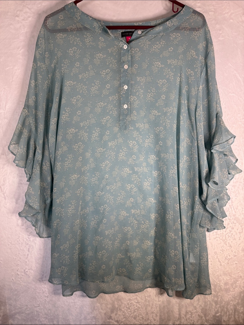 Vince Camuto 3x Light Blue Floral Ruffle-Sleeve Blouse